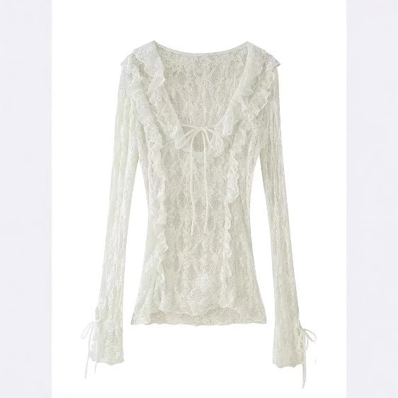 Kvinnors Festtop med Ruffles Transparent Spets-4
