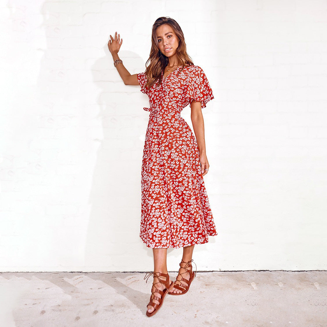 Kvinnor Midi Klänning V-Neck A-linjeformad Polyester-3