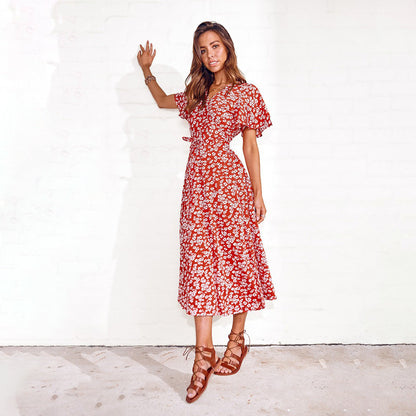 Kvinnor Midi Klänning V-Neck A-linjeformad Polyester-3