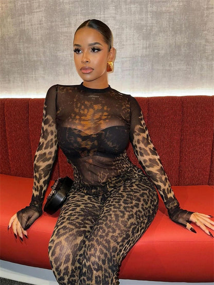 Dam Leopardprint Topp och Byxor Set Spandex Polyester-1