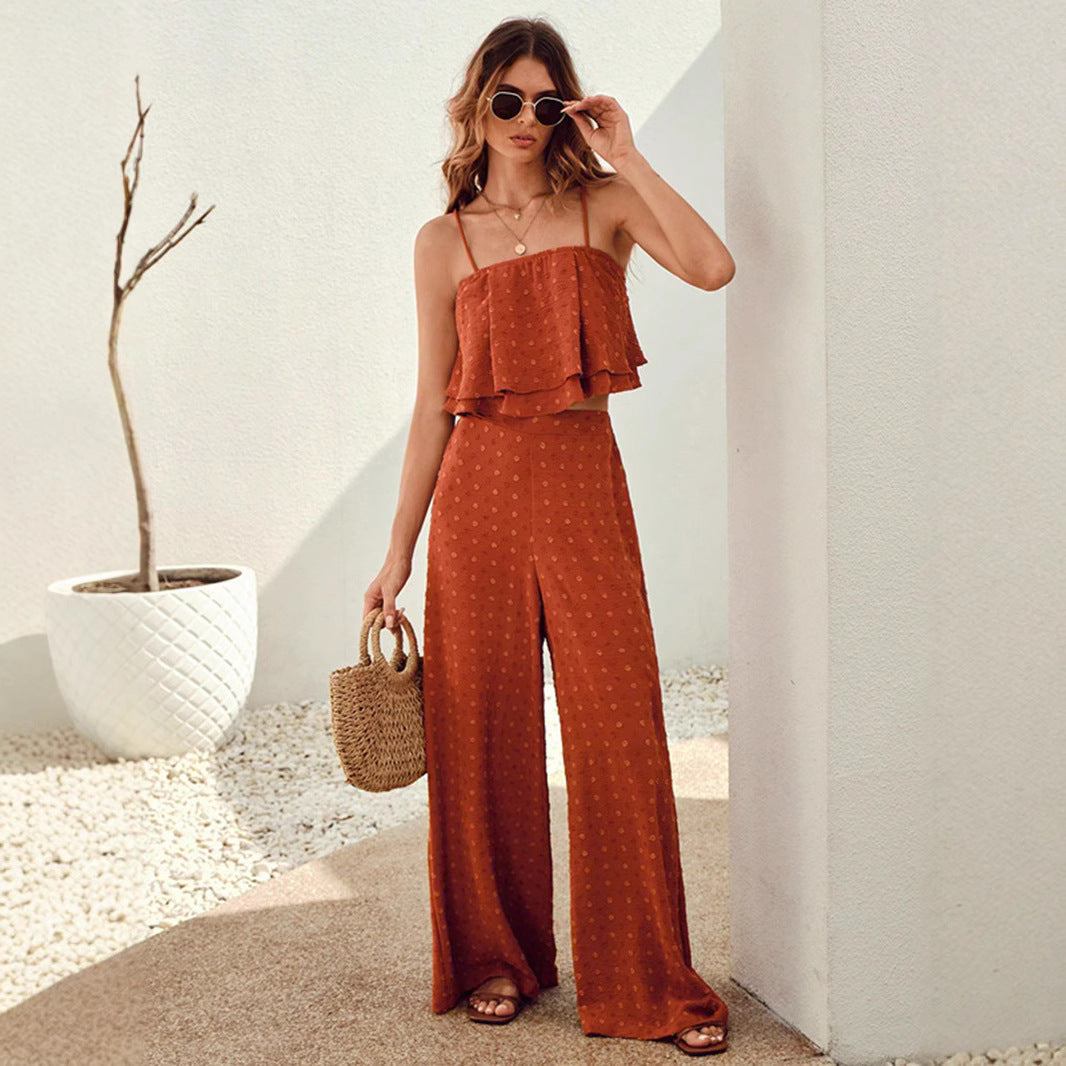 Dam Crop Top Rynkad och Vida Byxor Linne-2