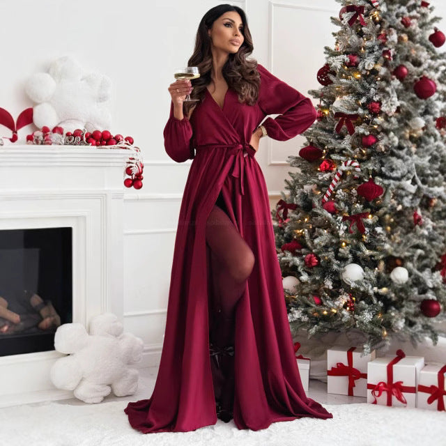 Kvinnors Maxiklänning V-hals Lång Ärmar Polyester Elegant-4