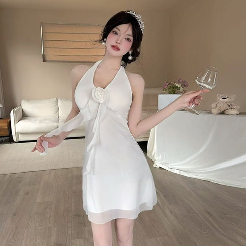 Kvinnors Mini Klänning Halterneck Polyester med Fransar-1