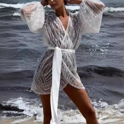 Damklänning Asymmetrisk Långärmad Spandex med Glittrande Detaljer-2