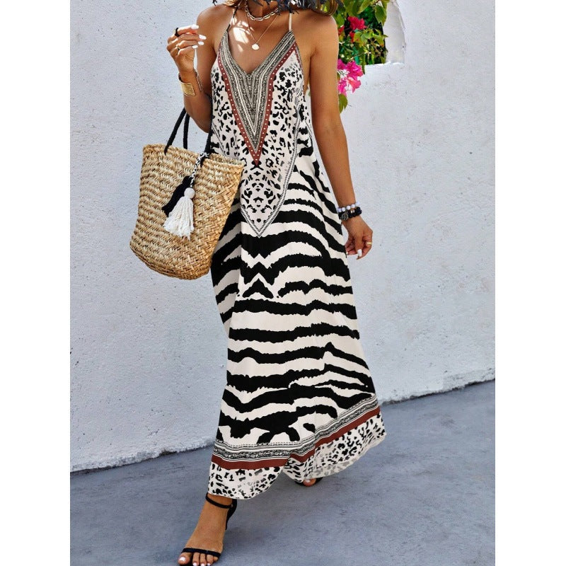 Ärmlös Klänning för Kvinnor med Zebramönster – Lång Polyester Slip Dress i Svart 1
