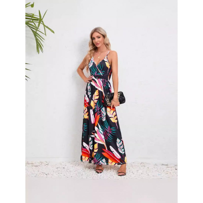 Fina Dam Klänningar Lång Blommönster Cami Klänning V-ringning Polyester-2