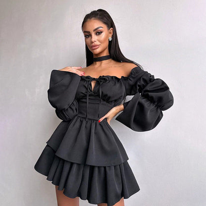 Kvinnors Off-Shoulder Klänning Flödande Ruffles Högkvalitativt Tyg 2