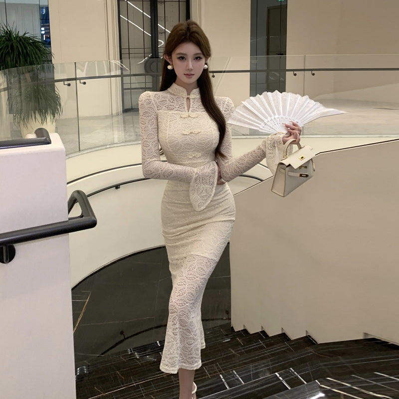 Damklänning Bodycon med Spetsdetaljer och Långa Ärmar-2