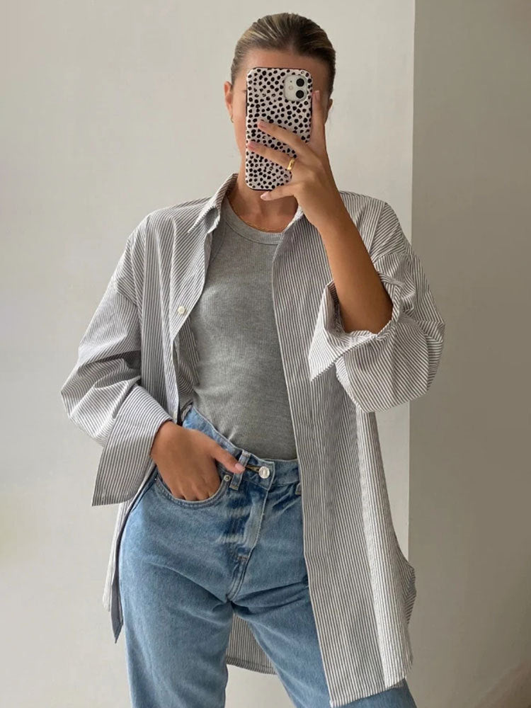 Löst Randig Kofta för Kvinnor i Mjuk Bomull – Ljusgrå och Blå, Storlek S-M-L 8