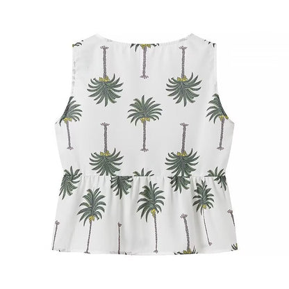 Dam Casual Set Ärmlös Polyester Tryckt Väst och Långa Byxor-3