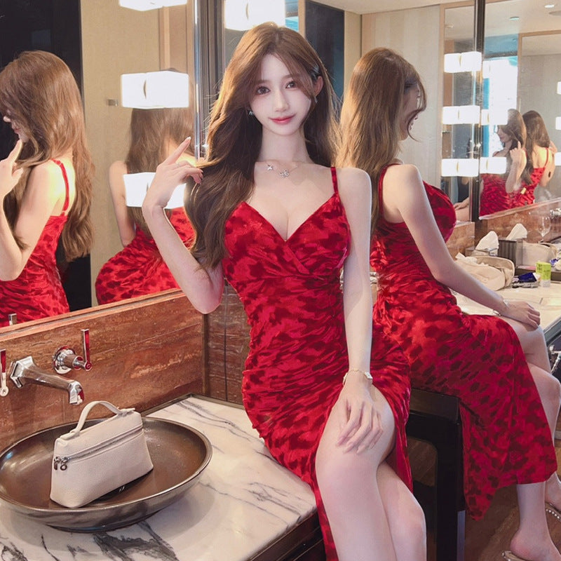 Dam Klänning Lång Spaghetti Band Sammet V-ringning Slits Fina Dam Klänningar-4