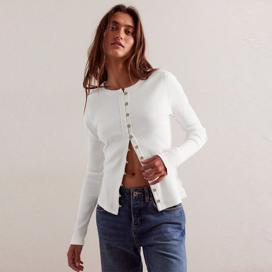 Dam Knappkardigan Ribbstickad Viskos Spandex-1