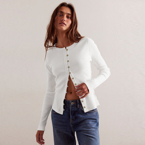 Dam Knappkardigan Ribbstickad Viskos Spandex-1