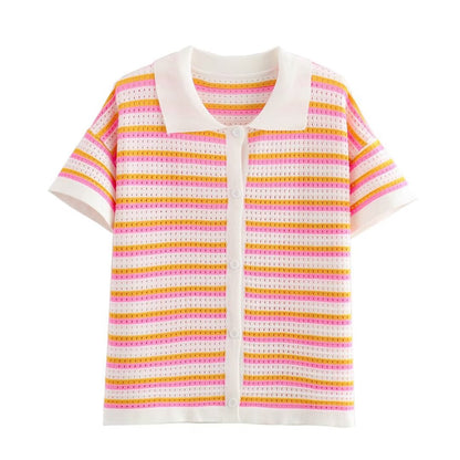 Dam Shorts Set Randig Stickad Topp 100% Bomull Avslappnad Passform-1