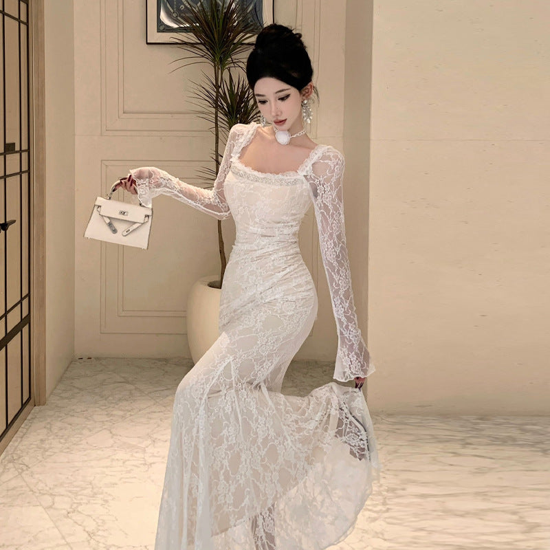 Kvinnors Festivalklänning Fyrkantig Halsringning Långärmad Högkvalitativt Tyg-2