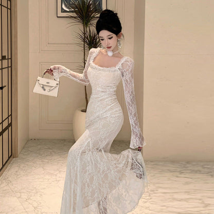 Kvinnors Festivalklänning Fyrkantig Halsringning Långärmad Högkvalitativt Tyg-2