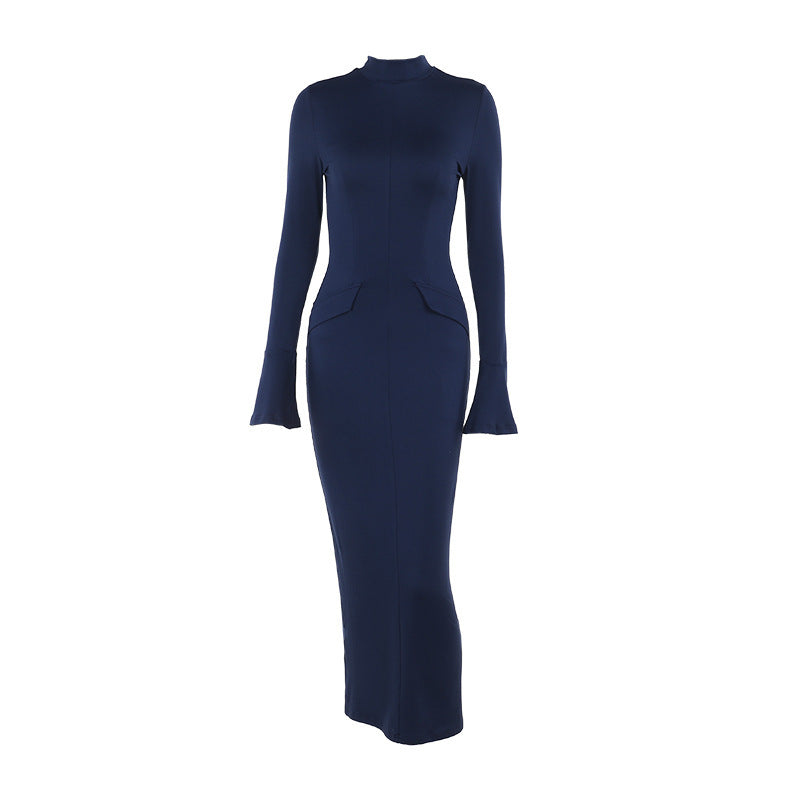 Kvinnors Långärmad Klänning Hög Krage Utställda Ärmar Elastiskt Tyg 6