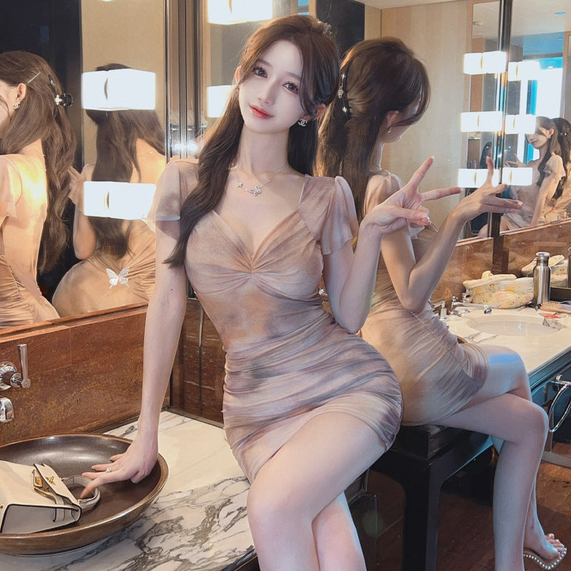 Dam Bodycon Klänning V-ringning Utställda Ärmar Polyester-4