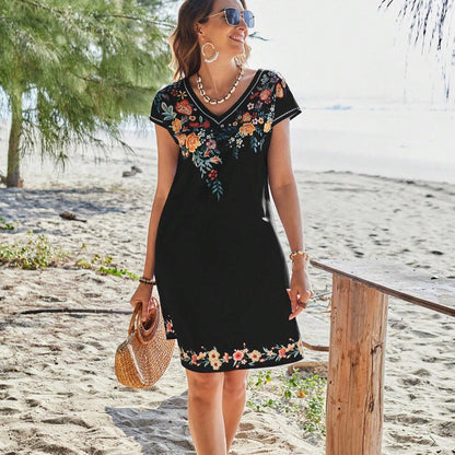 Kvinnor V-ringad Klänning Korta Ärmar Polyester Löst Midja-3