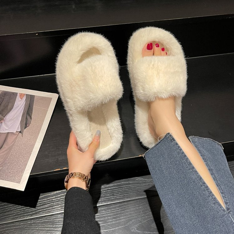 Dam Tofflor Fluffiga Mjuka Material med Icke-Slip Gummisula-2