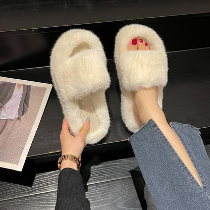 Dam Tofflor Fluffiga Mjuka Material med Icke-Slip Gummisula-2