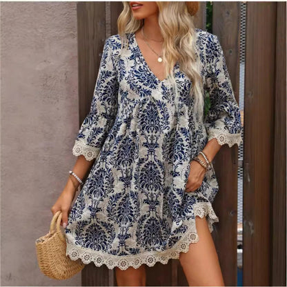 Fina Dam Klänningar A-Line Midi V-Neck Polyester med Tre Fjärdedels Ärmar 3