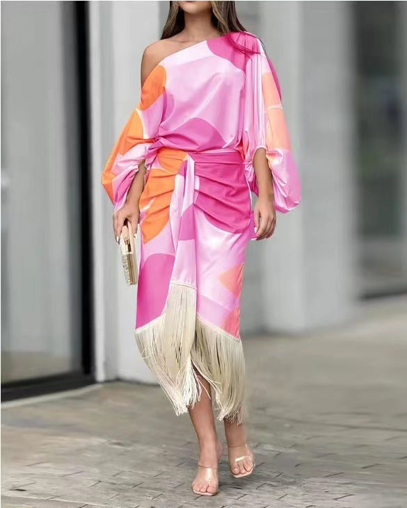 Dam Topp och Kjol Set Blommönster A-linjeformad Polyester med Fransar-3