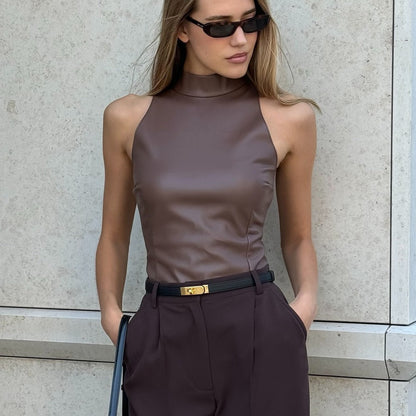 Dam Slim-Fit Ärmlös Top Halvhög Krage PU Läder-4