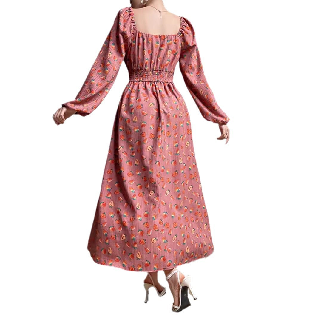 Dam A-linjeformad Klänning med Blommönster och Puffärmar-6