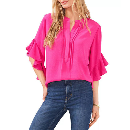 Dam Skjorta Blommiga Ärmar Ståkrage Polyester-4