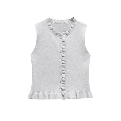 Kvinnors Ärmlös Topp med Ruffles och Knappdetaljer Bomullsblandning 5
