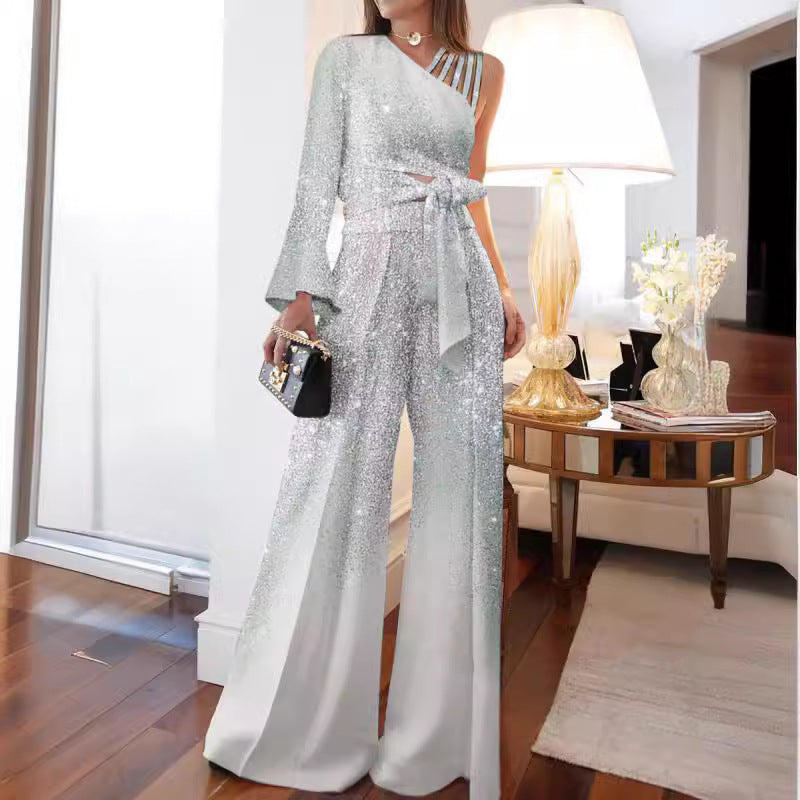 Dam Off-Shoulder Set Loose Fit Polyester med Breda Benbyxor-3