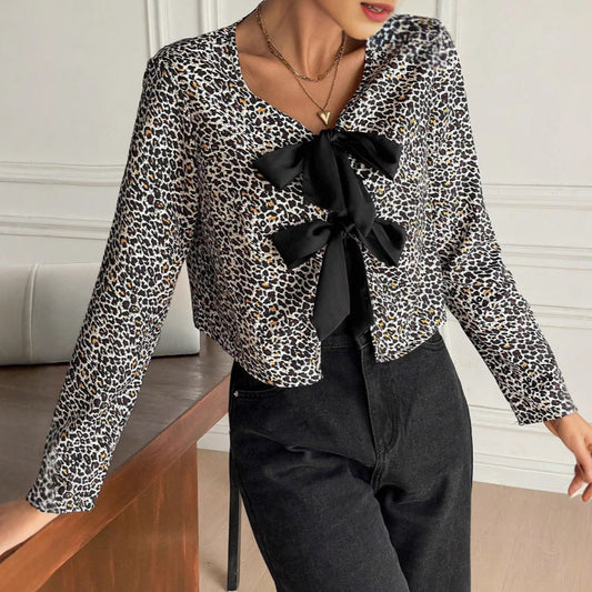Lång Kofta Dam Leopardmönster Polyester Cardigan-1