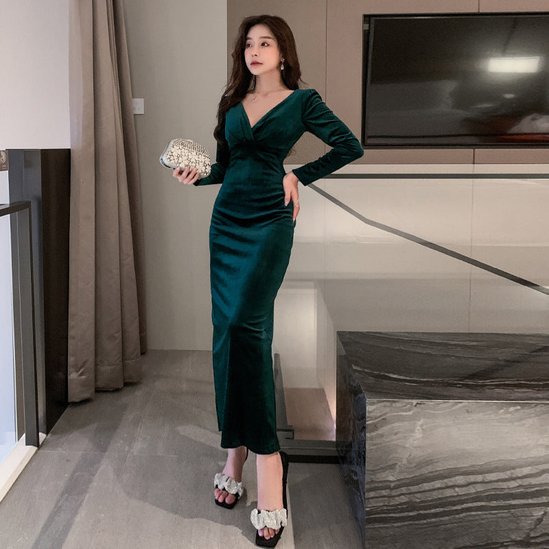 Fina Dam Klänningar Långärmad Bodycon V-Hals Polyester-3