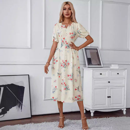 Kvinna Midi Klänning V-hals Blommönster Polyester-5