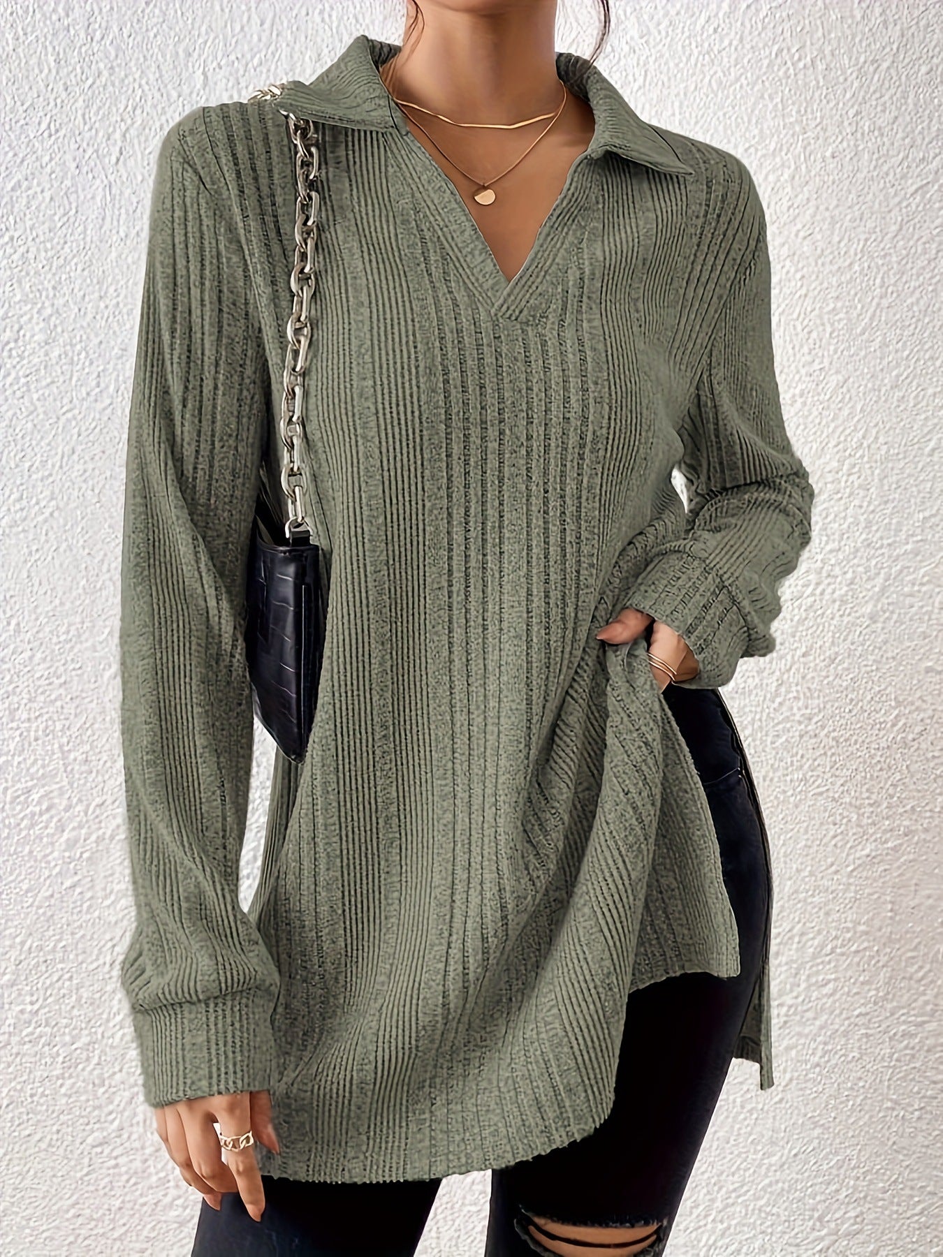 Dam Långärmad T-shirt Löst Passform Bomull Polo-krage-1