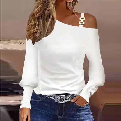 Asymmetrisk Långärmad Topp för Dam med Metallisk Spänne – Svart och Vit Polyester 3