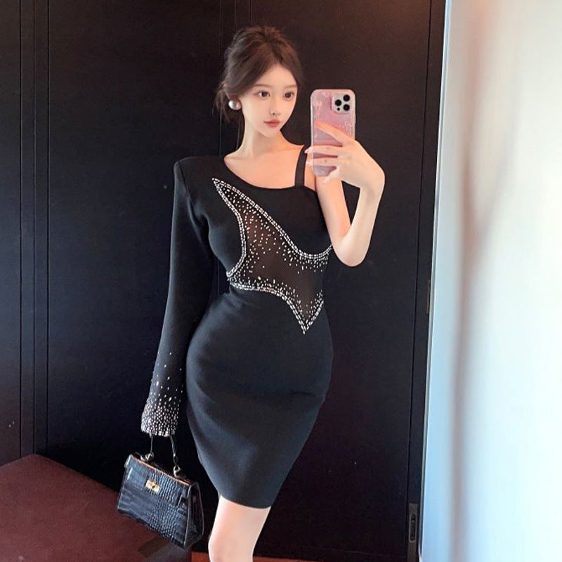 Kvinnors Bodycon Klänning En Axel Rippad Polyester-3