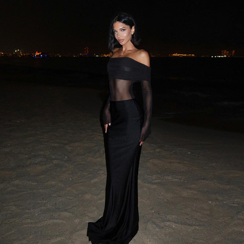 Maxiklänning Dam Off-Shoulder Transparenta Ärmar Elastiskt Tyg 2
