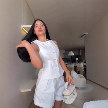 Tvådelat Set Dam Ärmlös Topp Hög Midja Shorts 100% Bomull-3