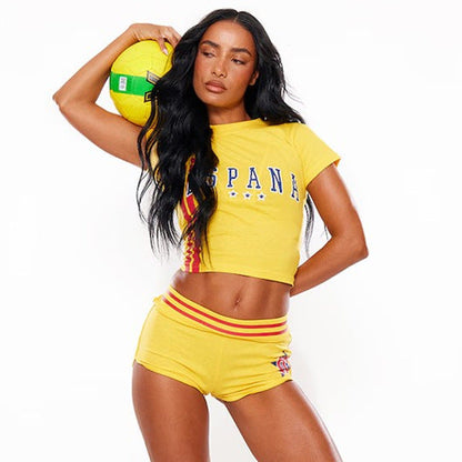 Dam Sport Set Cropad T-shirt och Shorts Elastisk Spandex-2