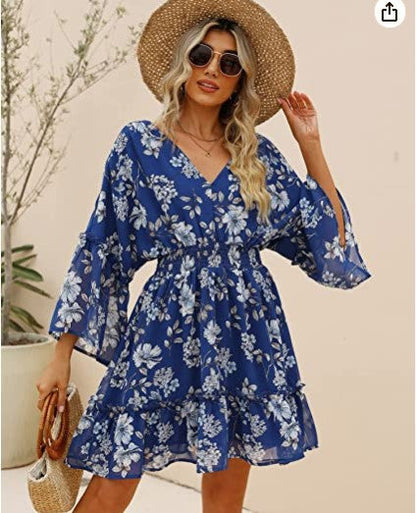 Elegant Blommaklänning för Dam i Lätt Material med Breda Ärmars Design - Perfekt för Sommar och Festliga Tillfällen 5