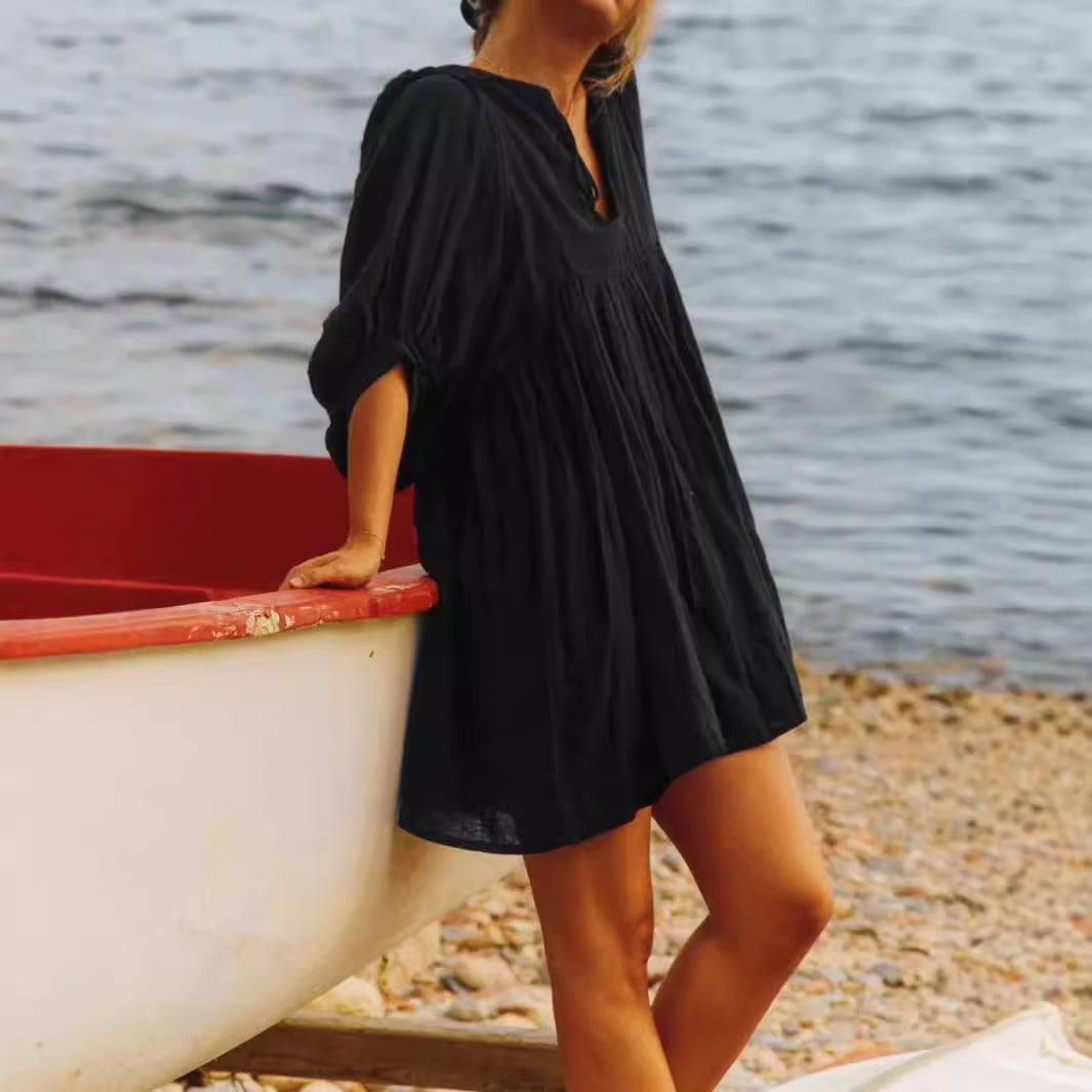 Sommarklänning Dam V-hals Puffärmar Bomull-4