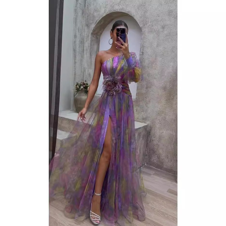 Maxiklänning Dam Blommig Asymmetrisk Långärmad Polyester-2