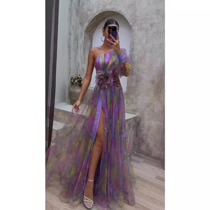 Maxiklänning Dam Blommig Asymmetrisk Långärmad Polyester-2