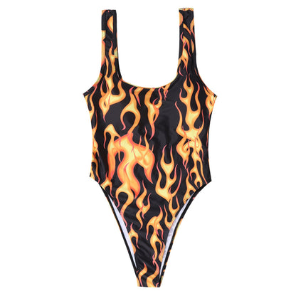 Baddräkt Dam med Flammotiv och Midjebälte - Hållbart Elastiskt Tyg för Strand och Pool 6