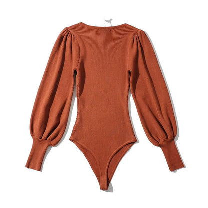 Variant image for Kvinnor Bodysuit Långärmad Puffärmar Ribbat Elastiskt Tyg-4