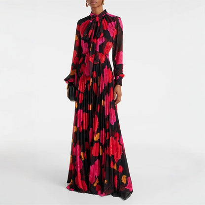 Dam Klänning Slim Fit Ståkrage Tryckt Lång Ärmar Högkvalitativt Tyg-1