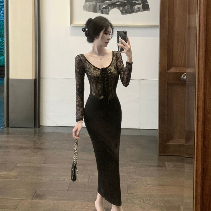 Dam Klänning Höft Spetsdesign Långärmad Polyester Elegant-4