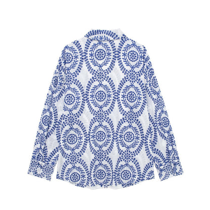 Dam Skjorta Broderad Långärmad 100% Bomull Cardigan-5
